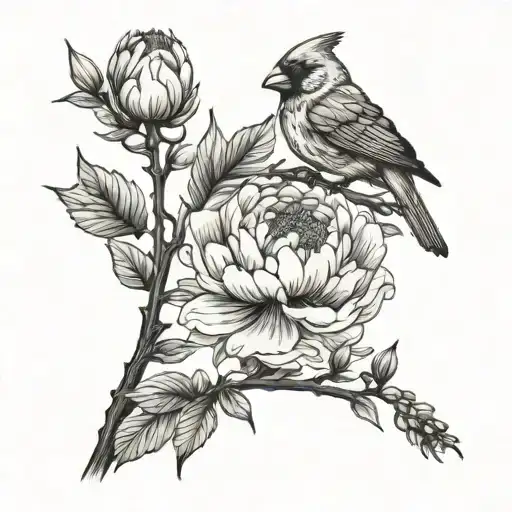 Peony Flower And Cardinal Growing Same Branch Representing