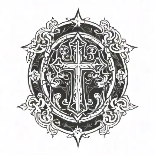 Stained Glass Window Inspired Design Featuring A Christian Cross Surrounded By Intricate Patterns