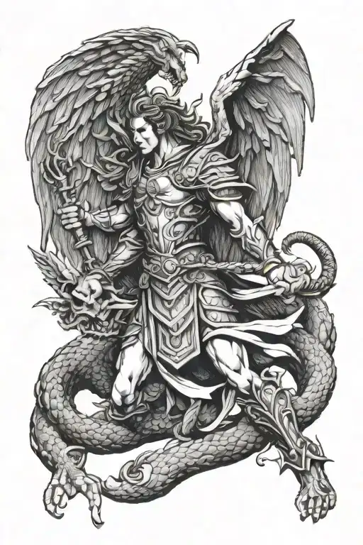 Warrior Angel Fighting Dragon Coiled