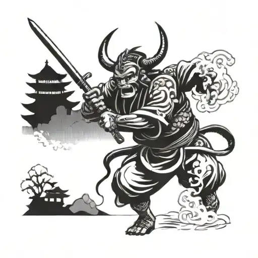 A Demon Samurai Battling A Yokai In A Traditional Japanese Landscape