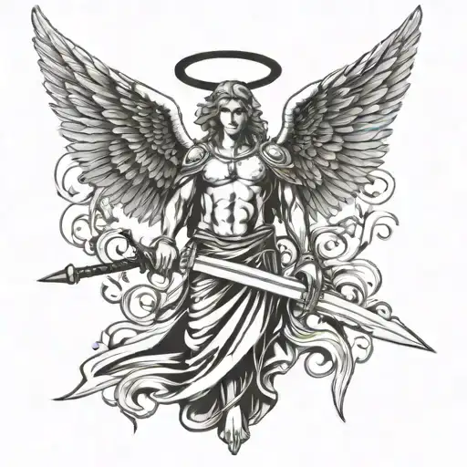Angel Holding A Sword Straight Down Standing Straight With Wings Spread The Sword Is In Front