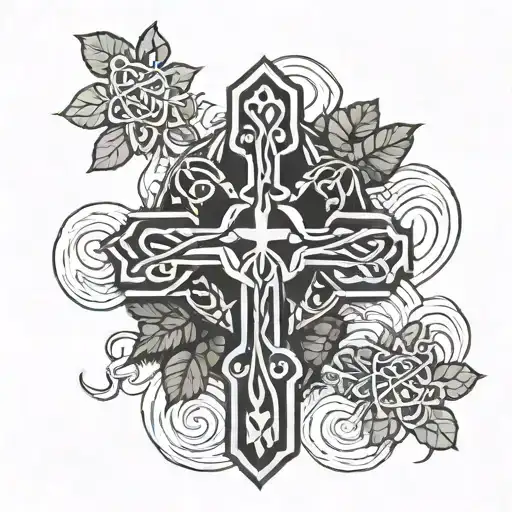 Celtic Cross With Clovers Growing Out Of The Water