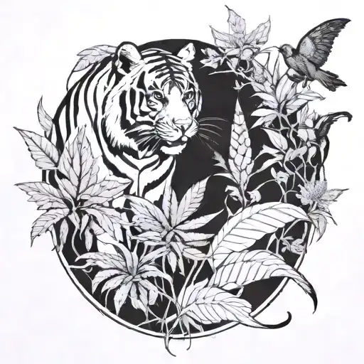 Asian Tiger Watching Over Snake And Horse In Cannabis Field