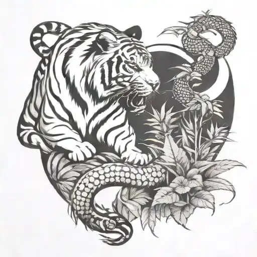 Asian Tiger Watching Over Snake And Horse In Cannabis Field
