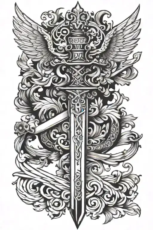 Long Sword With Swiss Coat Of Arms And Wings In Black And White