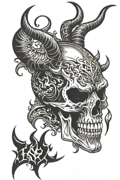 Demon Skull With Horns And Flames