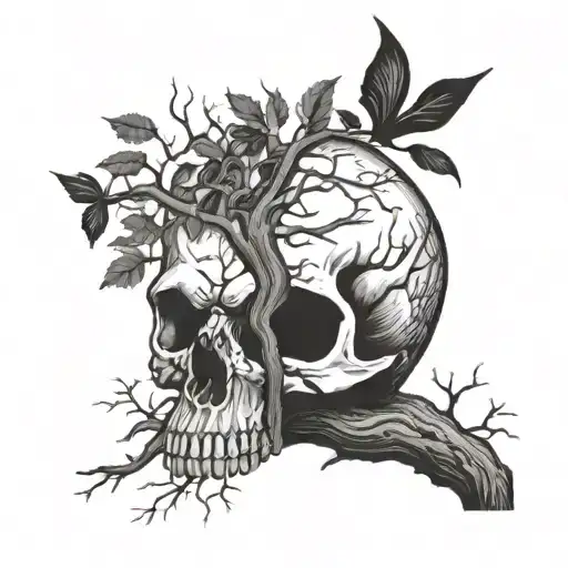 Tree Growing Out Of A Skull With Roots Coming Out Of The Skull And Bats Flying Around The Tree