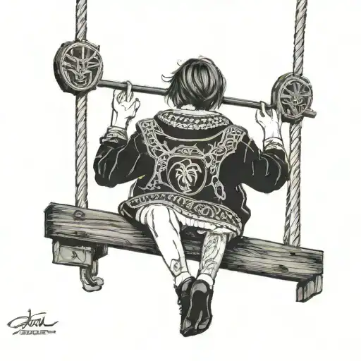 Sad Short Hair Girl With A Black Sweater On A Swing Facing Backwards