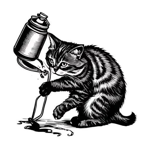 Whimsical Blackwork Tattoo Of A Cat Playing With A Spray Paint Can