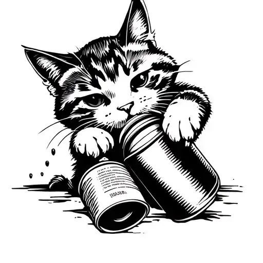Whimsical Blackwork Tattoo Of A Cat Playing With A Spray Paint Can