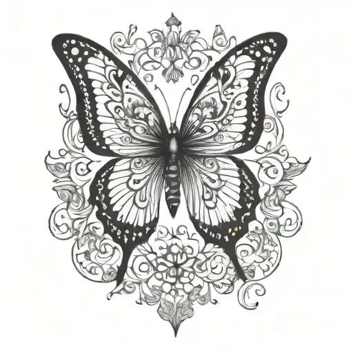 A Detailed Blackwork Tattoo Of A Butterfly Surrounded By Intricate Patterns Symbolizing Love