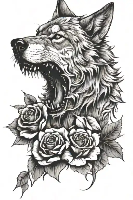 Wolf With Roses Growl Aggressive Defending Powerful Pain