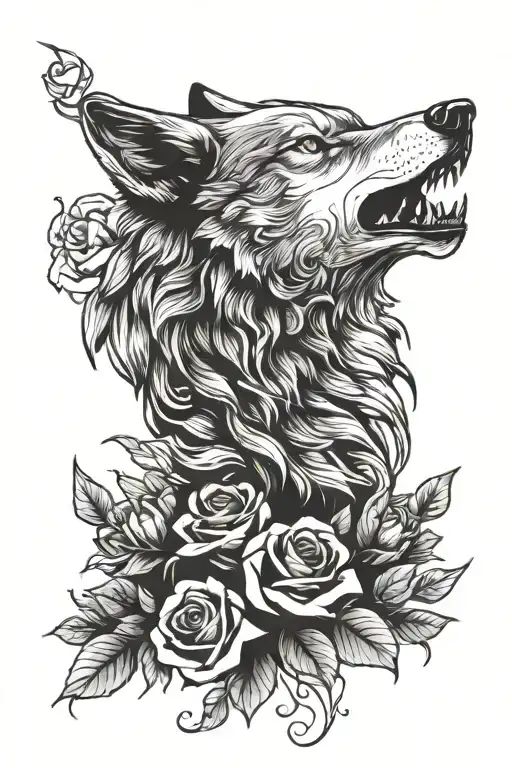 Wolf With Roses Growl Aggressive Defending Powerful Pain