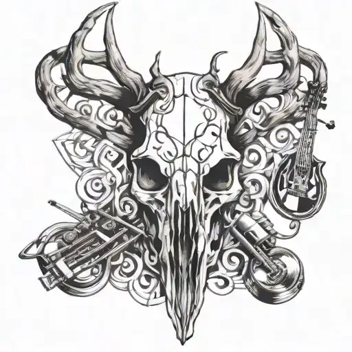 A Deer Skull With Antlers Intertwined With Musical Instruments