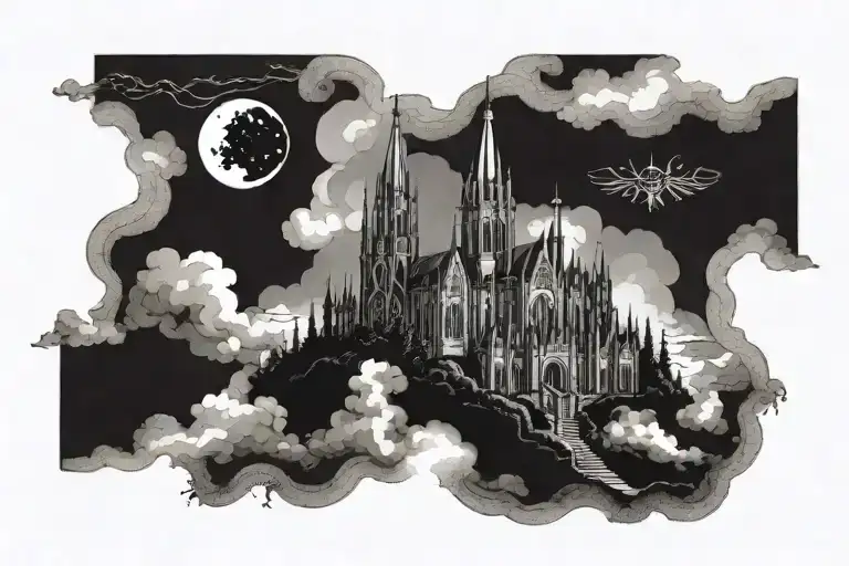 Dark Gothic Catherdral Sitting On The Clouds With A Starcase Leading To It