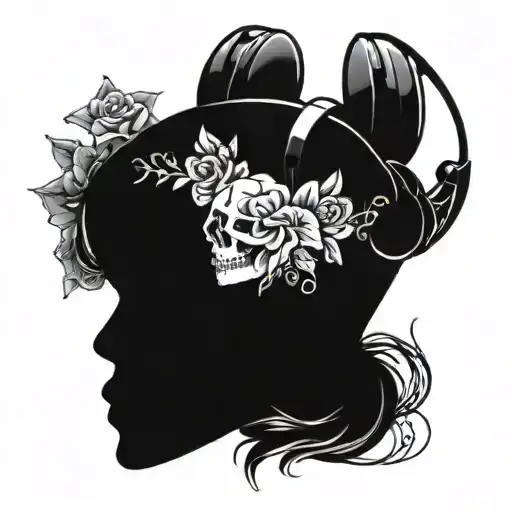 A Skull With Headphones Surrounded By Roses And Lilies