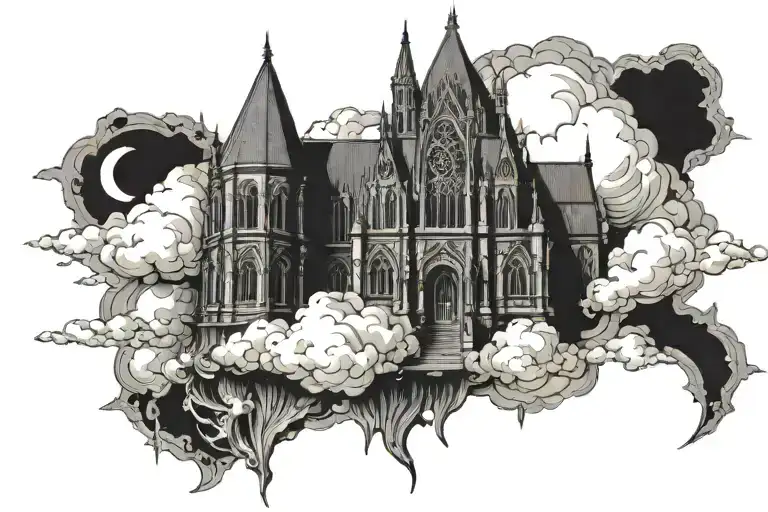 Dark Gothic Catherdral Sitting On The Clouds With A Starcase Leading To It
