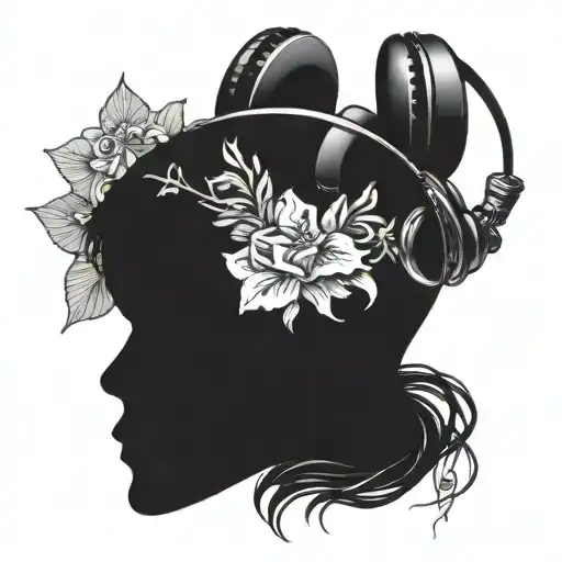 A Skull With Headphones Surrounded By Roses And Lilies