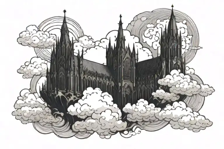Dark Gothic Catherdral Sitting On The Clouds With A Starcase Leading To It