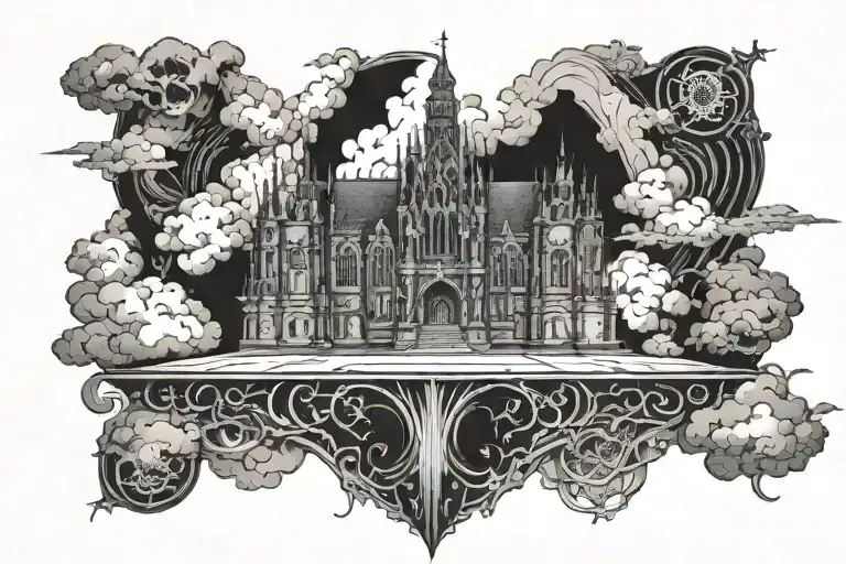 Dark Gothic Catherdral In A Hell Scape Sitting On The Clouds With A Starcase Leading To It