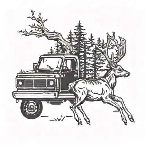 A Truck Driving Through A Forest With Deer Running Alongside
