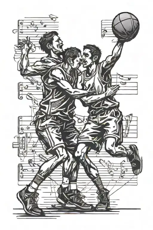 A Romantic Scene Of A Couple Playing Basketball On A Music Sheet