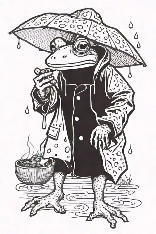 Frog Wearing Rain Coat Smoking Cigarette While Holding Mushroom As Umbrella