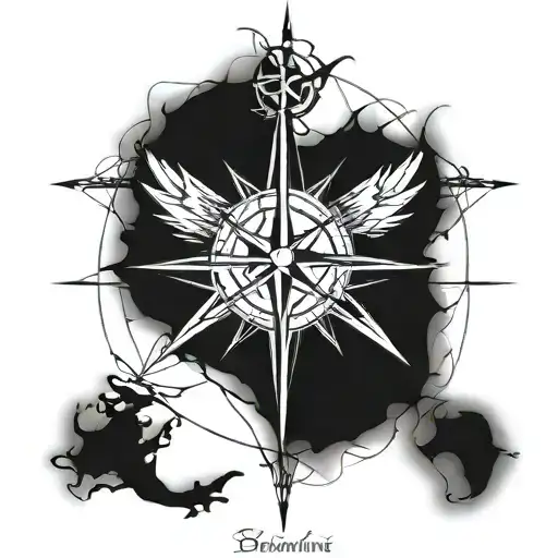 A Geometric Compass Rose Intertwined With Barbed Wire