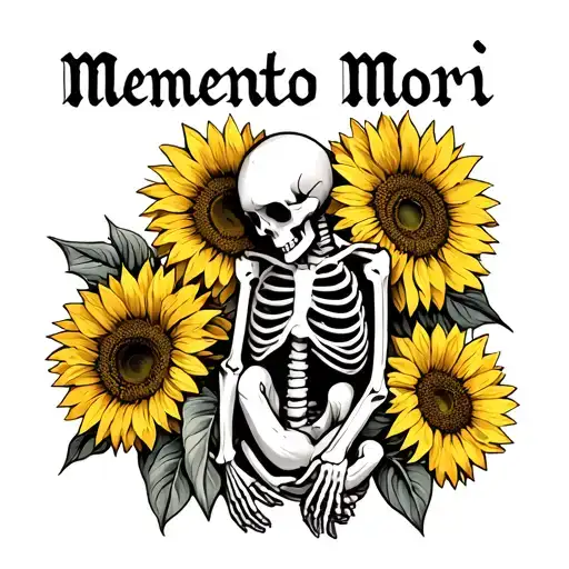 A Skeleton In Fetal Position Surrounded By Sunflowers That At The Top Has The Phrase Memento Mori