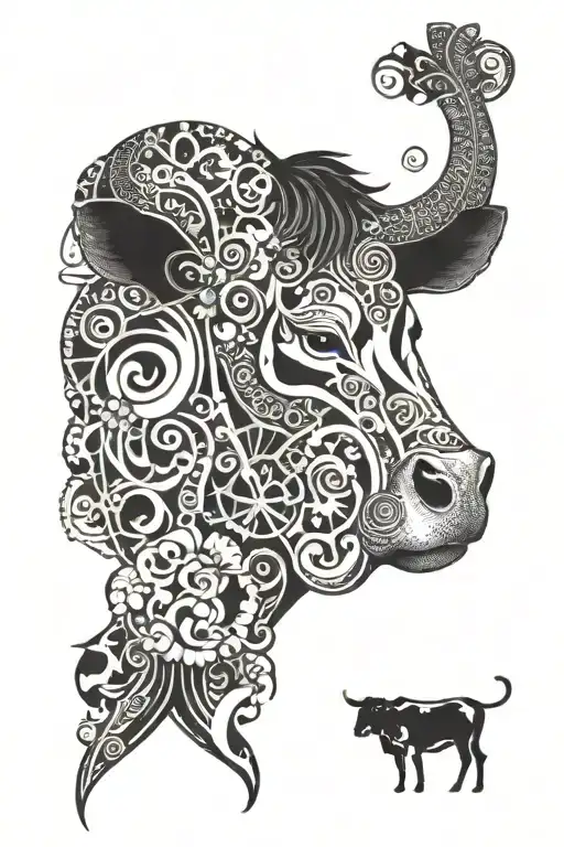 An Intricate Design Combining A Guitar And A Cow In A Blackwork Style