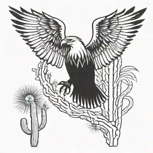 A Stylized Eagle Silhouette Flying Over A Saguaro Cactus With A Cross In The Background