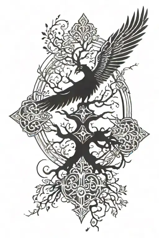 Tree Of Life With Phoenix Rising From The Ashes And A Cross