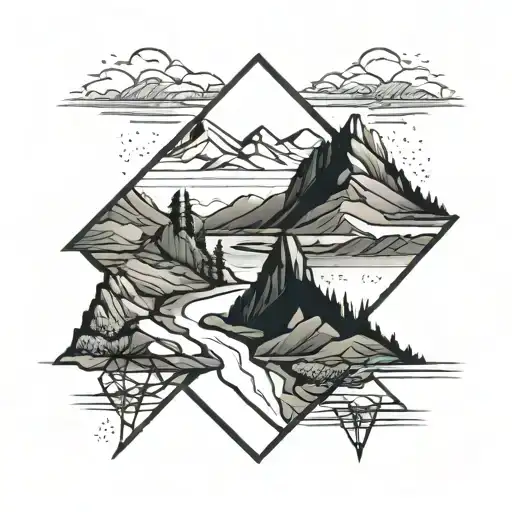 A Geometric Mountain Landscape With A Bridge Symbolizing Connection And Stability