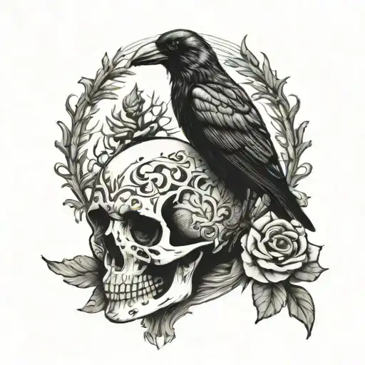 A Hauntingly Beautiful Crow Perched On A Skull