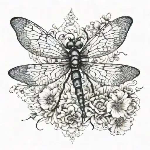 A Dragonfly Gracefully Landing On A Bed Of Intricate Blackwork Flowers