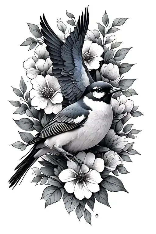 Cute Birds Flying And Perched With Flowers In Background