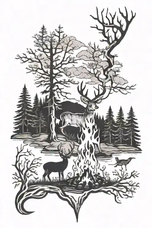 A Campfire Scene With A Deer Silhouette In The Background