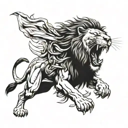 A Lion Roaring Triumphantly On A Battlefield With Spartan Warriors In The Background