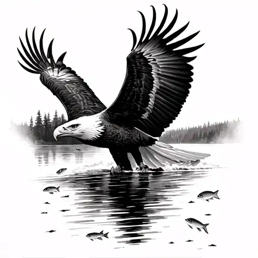 A Majestic Bald Eagle Soaring Over A Serene Lake Filled With Fish