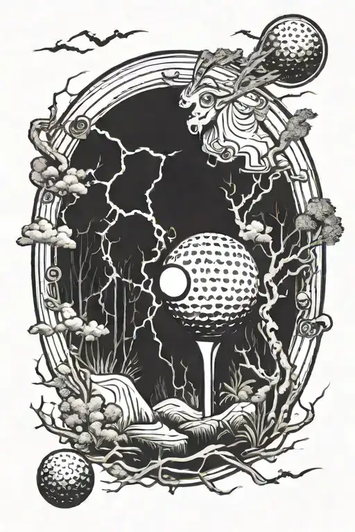 A Golf Ball Being Struck By A Lightning Bolt In A Forest Filled With Mystical Creatures