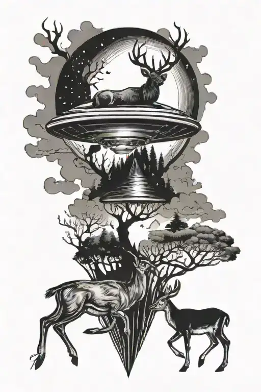 A Ufo Abducting A Deer In A Blackwork Style