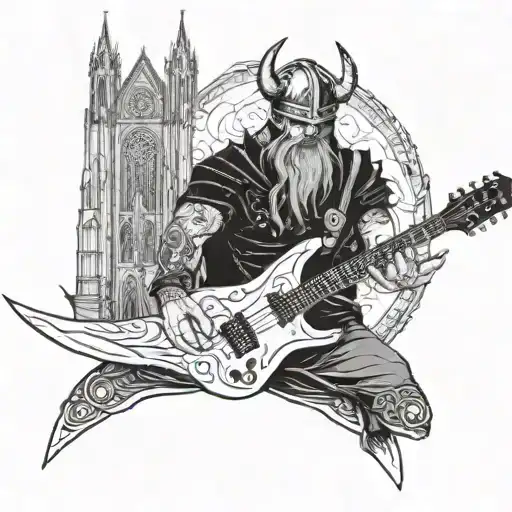 A Viking Warrior Playing An Electric Guitar In Front Of A Gothic Cathedral