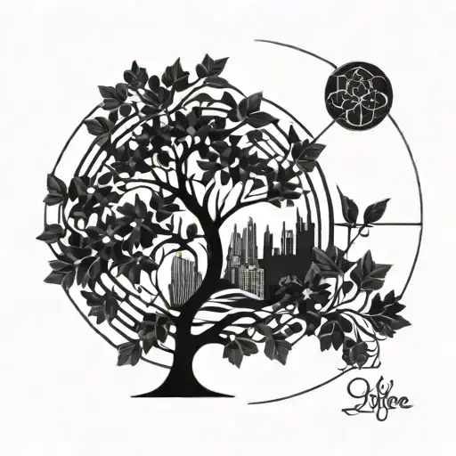 Combine Elements Of Metal Music With The Tree Of Life Symbol In A Geometric Design