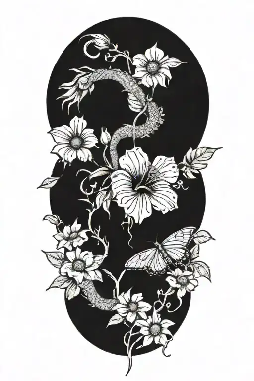 Hibiscus And Sunflowers With A Snake Weaving Through The Flowers