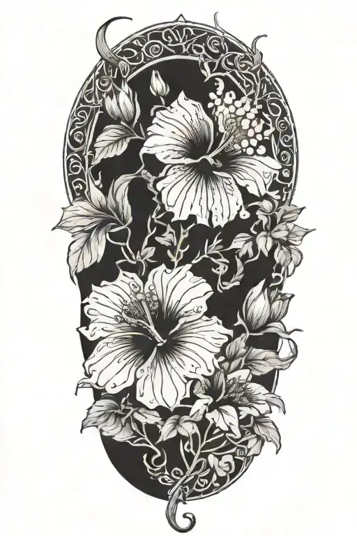 Hibiscus And Sunflowers With A Snake Weaving Through The Flowers