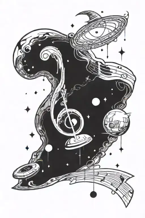 A Cosmic Music Note Merging With A Spaceship Flying Through A Galaxy