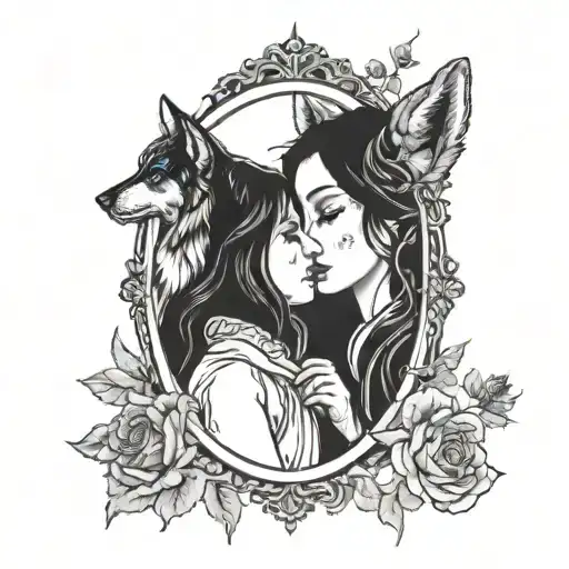 Girl Holding Mirror And Wolf Staring Back