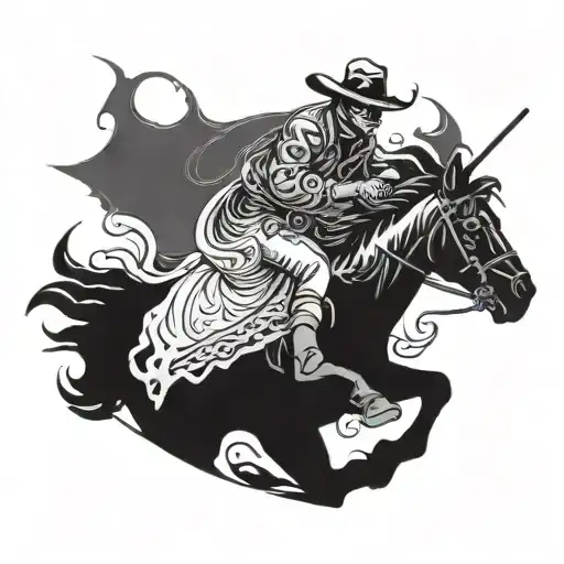 A Cowboy Riding A Black Demon Horse Through The Shadows Of Hell