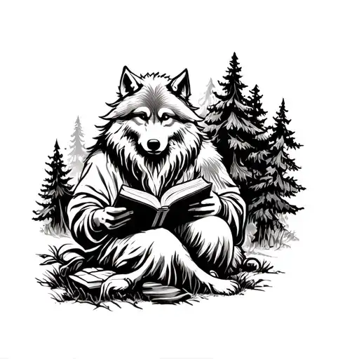 A Tattoo Design Of A Wise Old Wolf Reading A Book In A Forest Setting