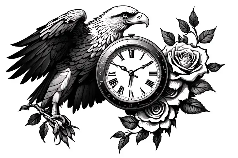Upper Arm Eagle Clock Rose Tattoo Design